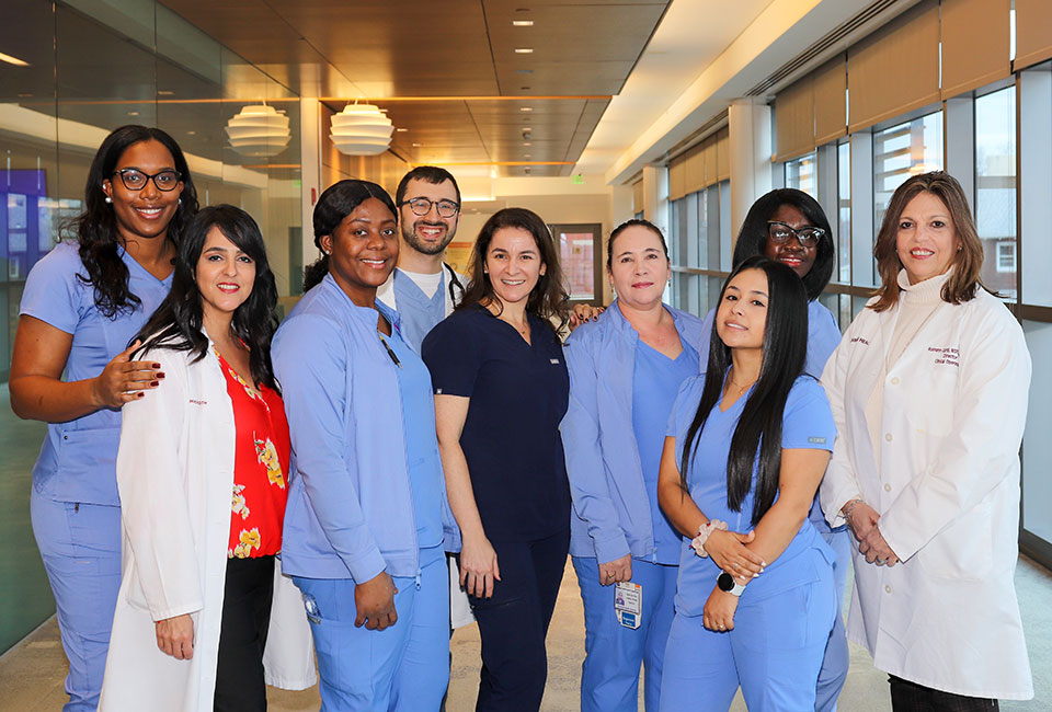 Left to right: Erica Thomas, RN, BSN; Rosanne Casey, RN, MSN; Shelly Logan, RN, BSN; Raphael Rosen, MD; Andrea Trindade, RN, BSN; Rocio Agamez Morales, RN, BSN; Stephanie Guiza-Guzman, RN, BSN; Aretha Bilson, RN, BSN; and Roseann Cardi, RN, MSN, at Stamford Hospital, January 2023