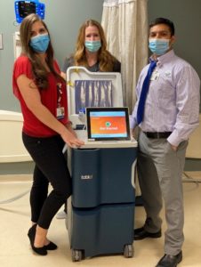 (Left to right) Kasi Moore RN, MSNI, Jennifer Jellerson BSN, CCRN, and Tahir Zaman, MD, with a Tablo console at St. Mark’s Hospital, Friday, March 5, 2021 (Photo courtesy of Kasi Moore)