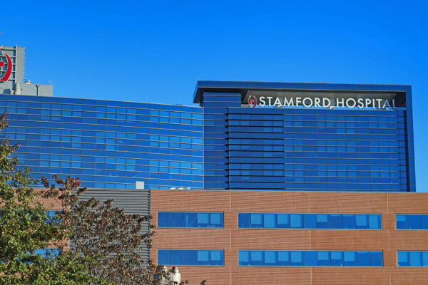Exterior photograph of Stamford Hospital, part of Stamford Health